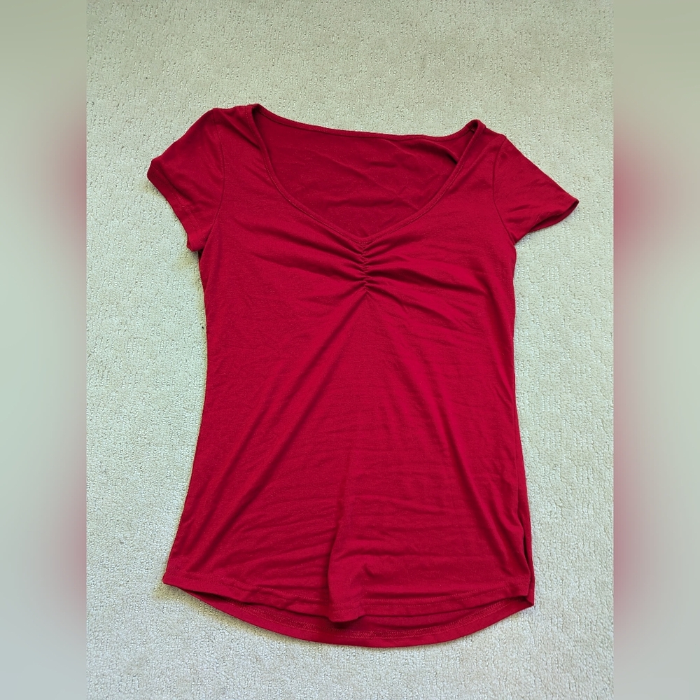 Red tee with cinch detailing in front